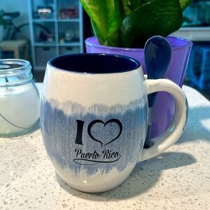 NWT “I Love Puerto Rico”  Blue and White Barrel Mug with Spoon -12 oz.